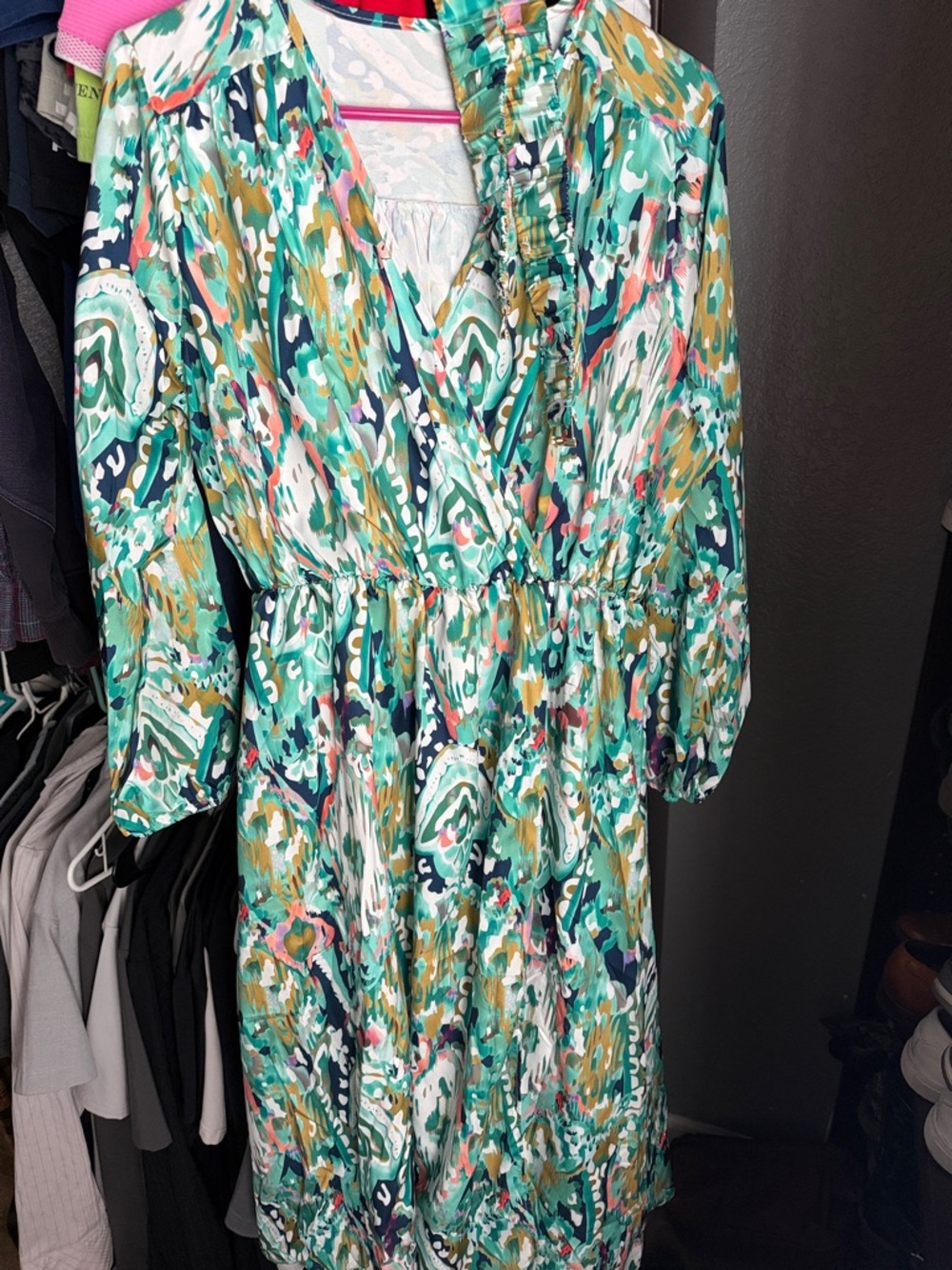 Green Multi-Color Printed Wrap Dress with belt